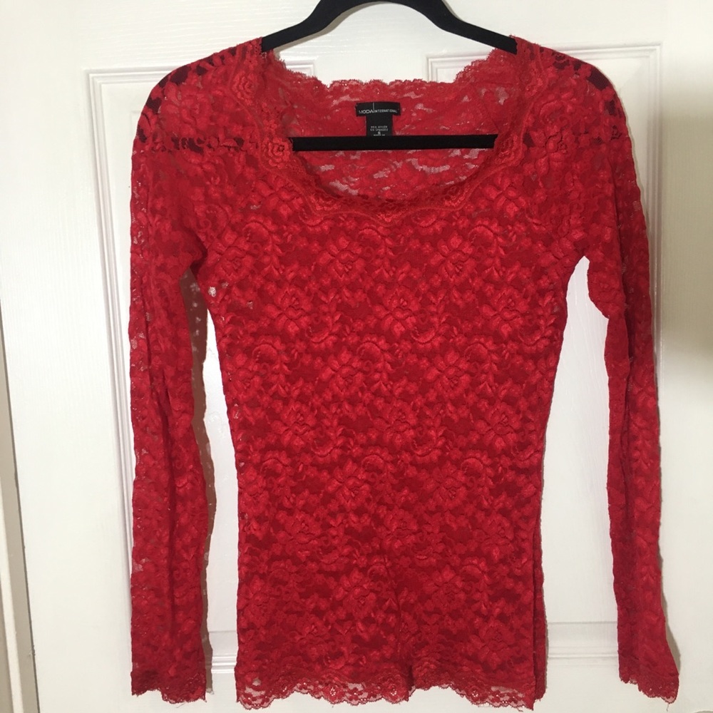 Women’s Sheer Red Lace Long Sleeve Blouse